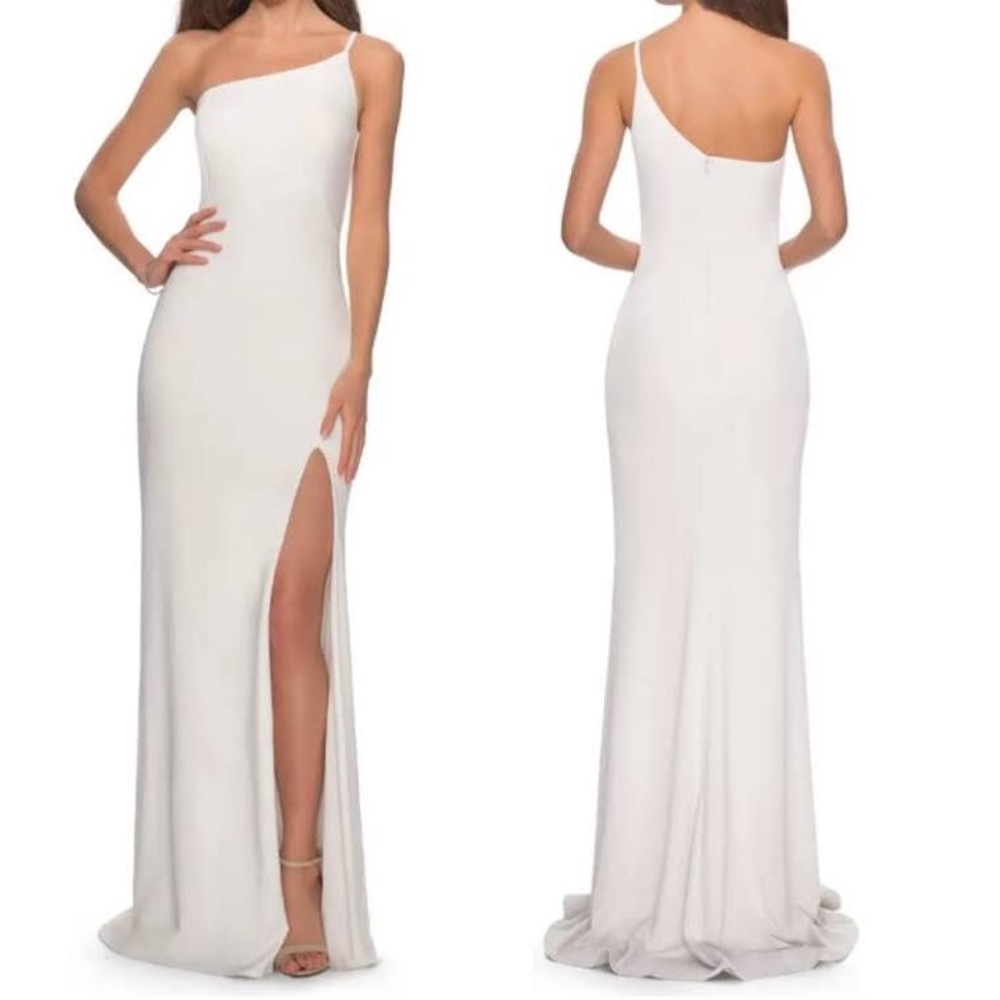 La Femme One Shoulder Long Jersey Gown in White